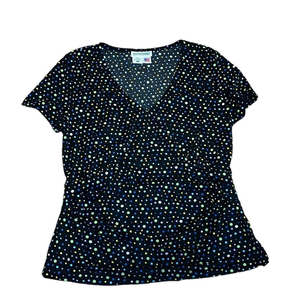 Vintage Motherhood Maternity Top, black polka dot shirt, yellow, mint Small